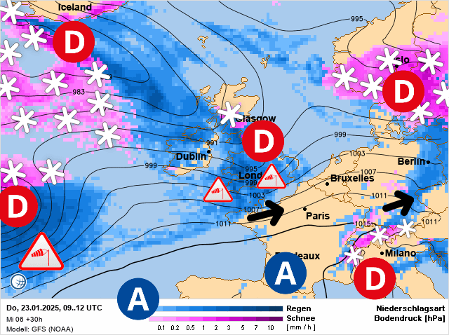 Carte de prévisions d'europe du Jeudi 23 janvier 2025