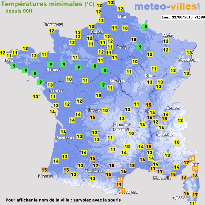 Températures minimales (°C) depuis 00h