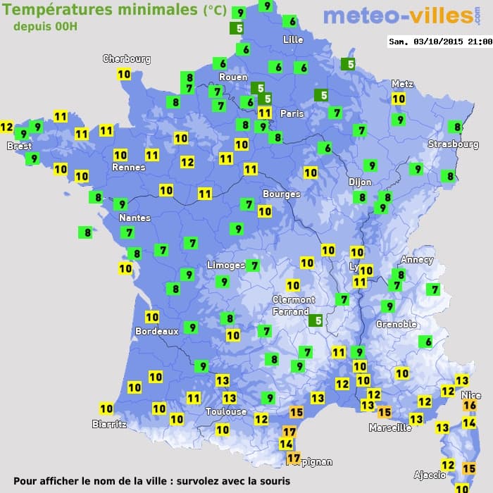 Températures minimales (°C) depuis 00h