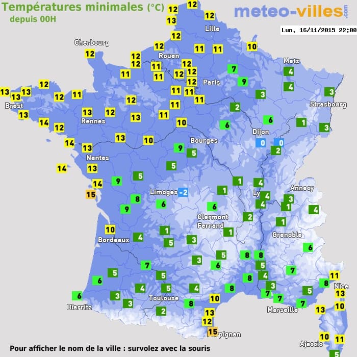 Températures minimales (°C) depuis 00h