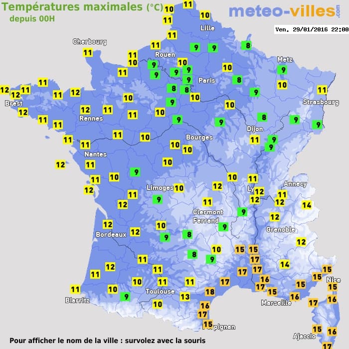 Températures maximales (°C) depuis 00h