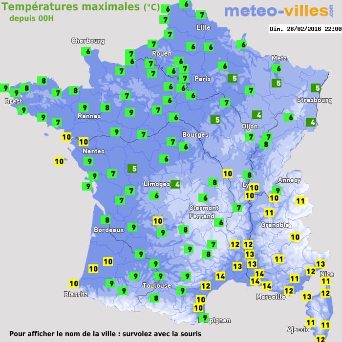 Températures maximales (°C) depuis 00h