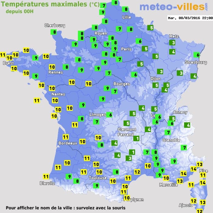 Températures maximales (°C) depuis 00h