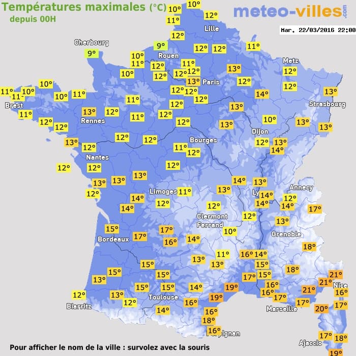 Températures maximales (°C) depuis 00h