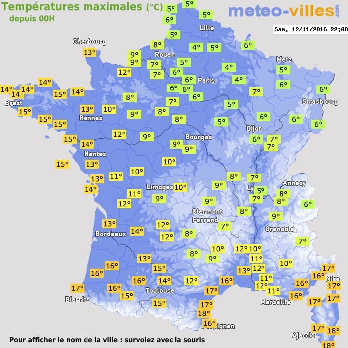 Températures maximales (°C) depuis 00h