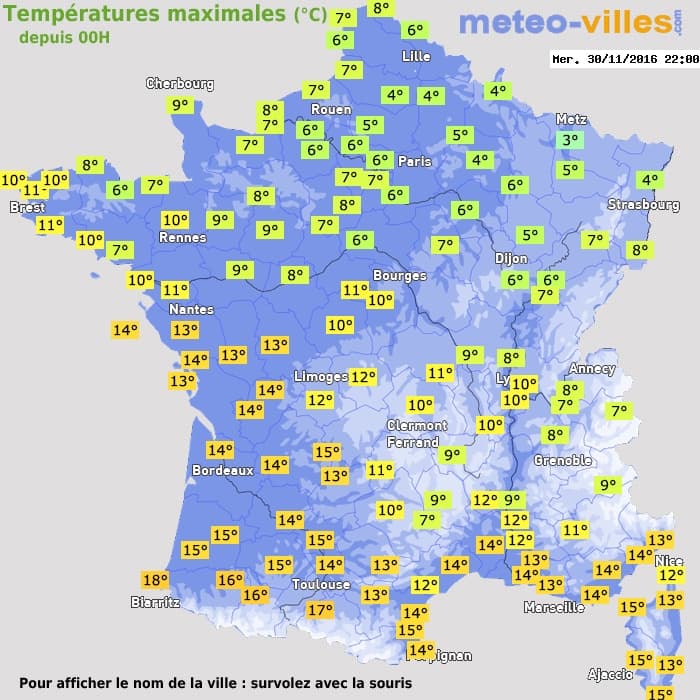 Températures maximales (°C) depuis 00h