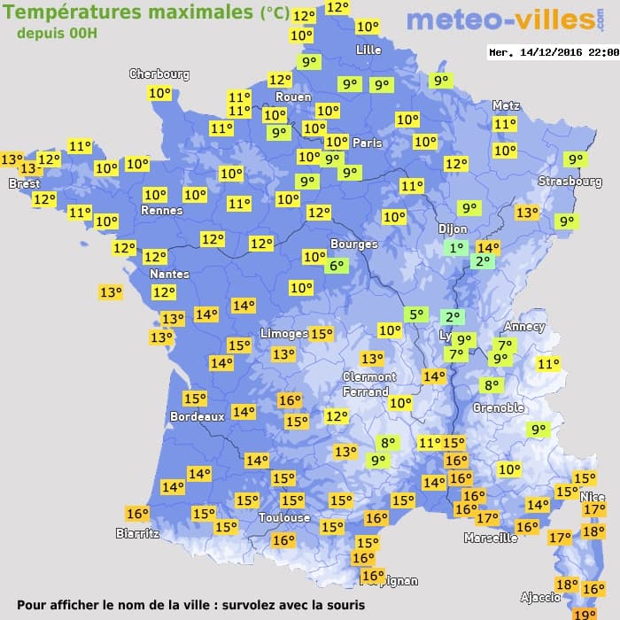 Températures maximales (°C) depuis 00h