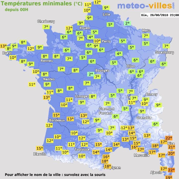 Températures minimales (°C) depuis 00h
