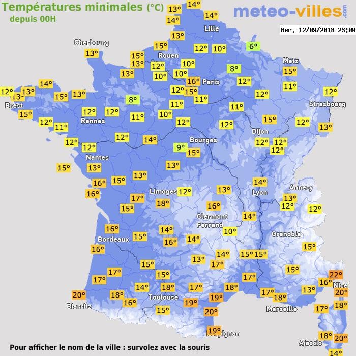 Températures minimales (°C) depuis 00h