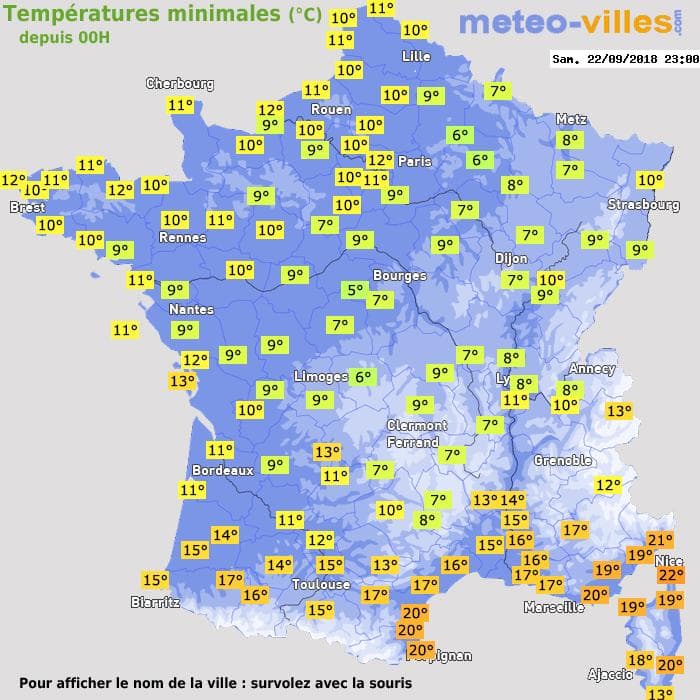 Températures minimales (°C) depuis 00h