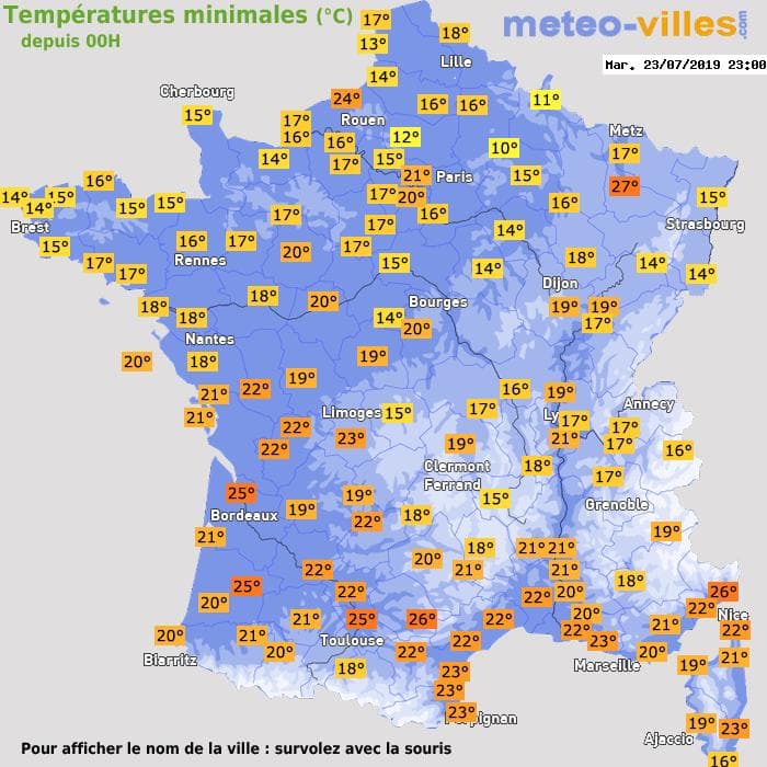 Températures minimales (°C) depuis 00h