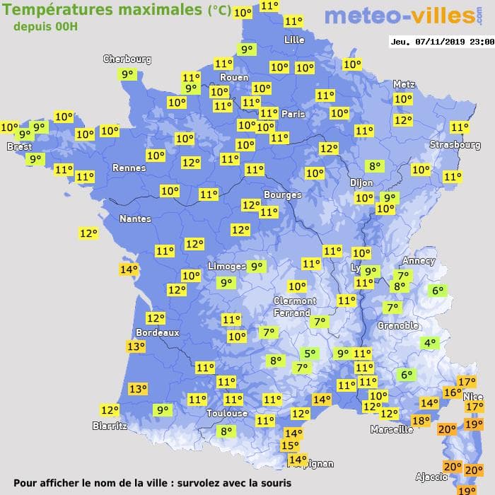Températures maximales (°C) depuis 00h