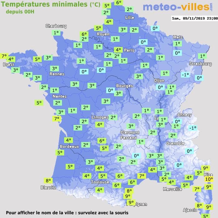 Températures minimales (°C) depuis 00h