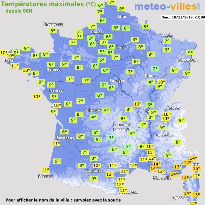 Températures maximales (°C) depuis 00h