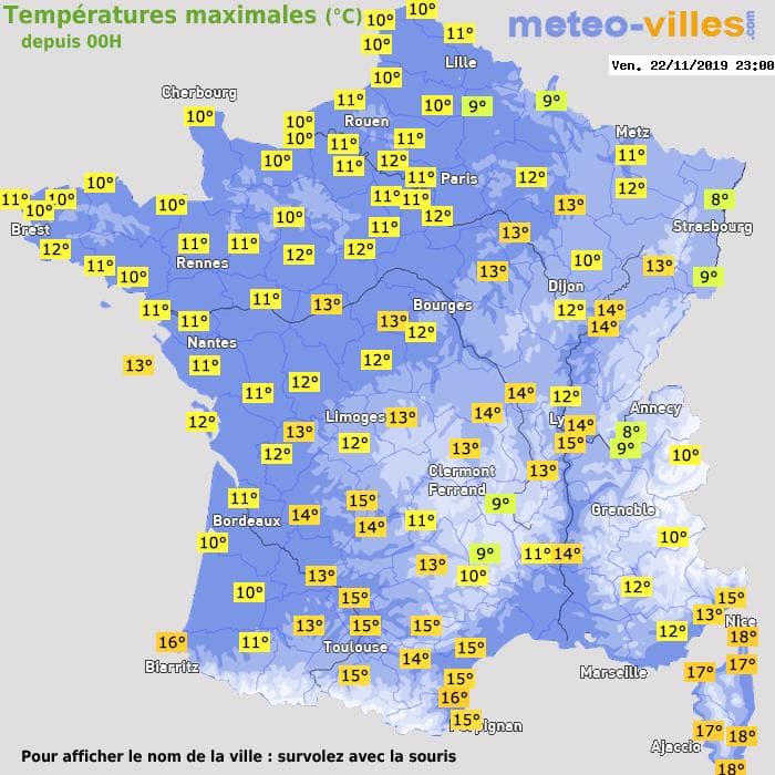 Températures maximales (°C) depuis 00h