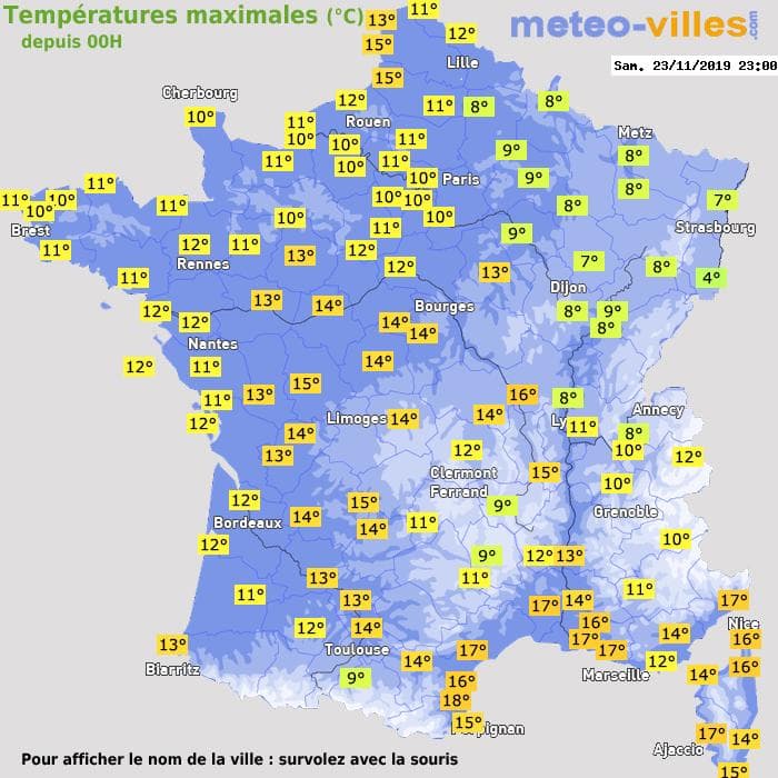 Températures maximales (°C) depuis 00h