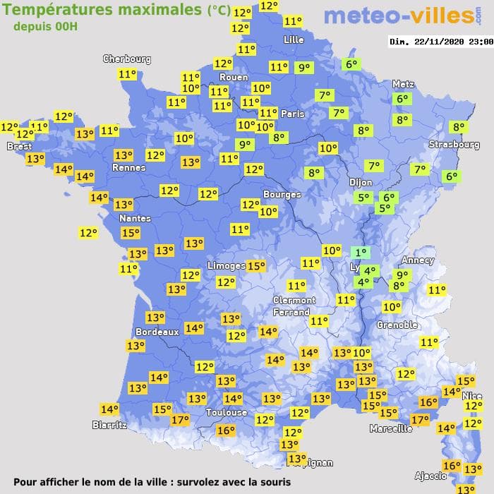 Températures maximales (°C) depuis 00h
