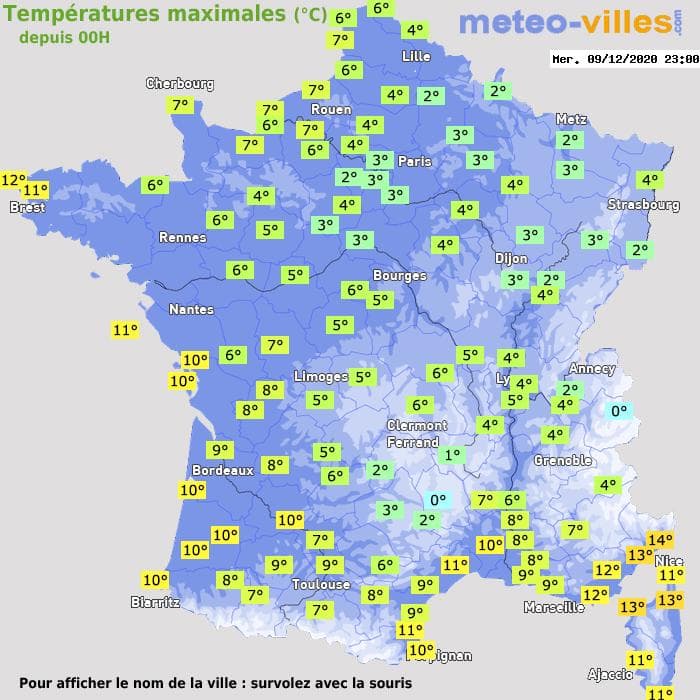 Températures maximales (°C) depuis 00h