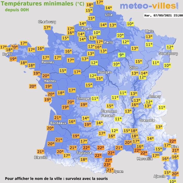 Températures minimales (°C) depuis 00h