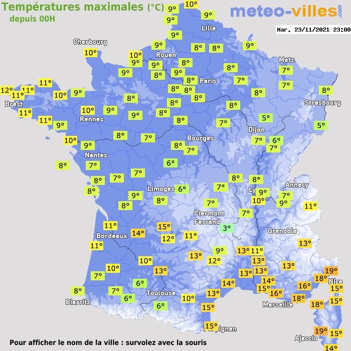 Températures maximales (°C) depuis 00h