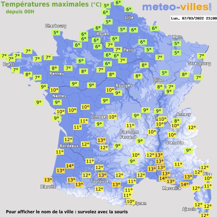 Températures maximales (°C) depuis 00h