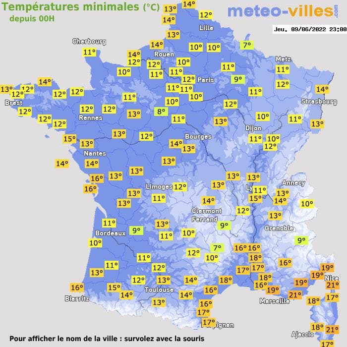 Températures minimales (°C) depuis 00h