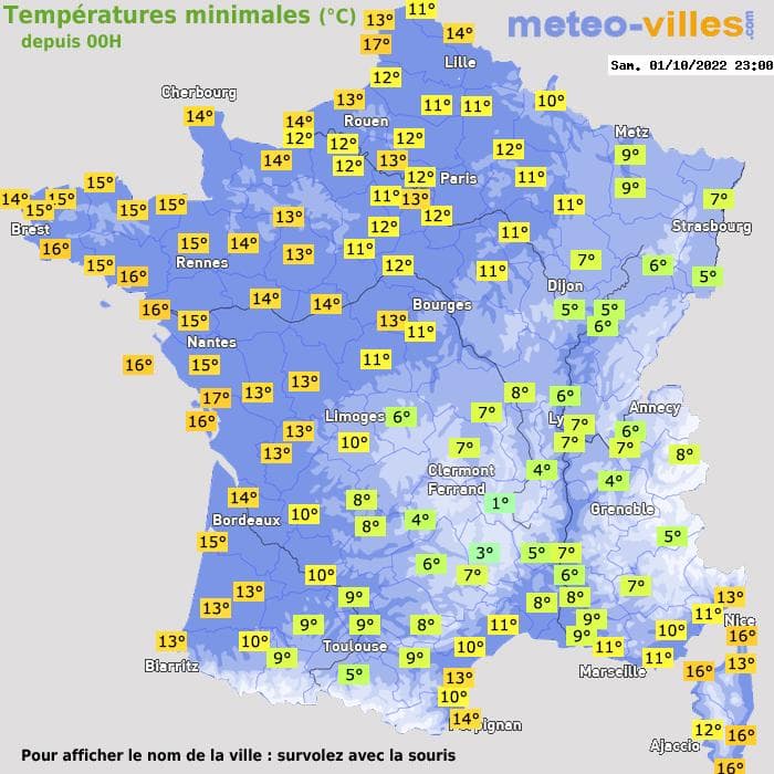 Températures minimales (°C) depuis 00h