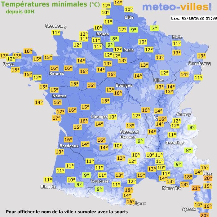 Températures minimales (°C) depuis 00h