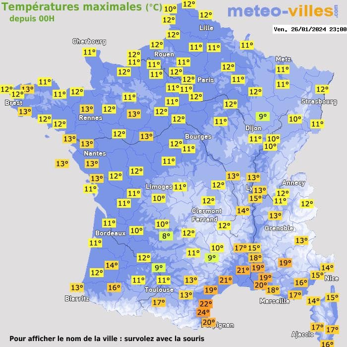 Températures maximales (°C) depuis 00h