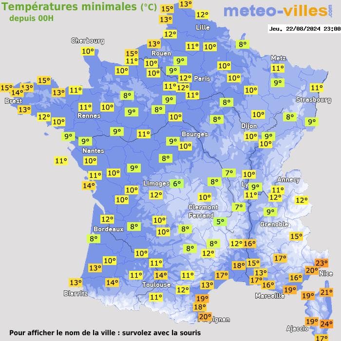 Températures minimales (°C) depuis 00h