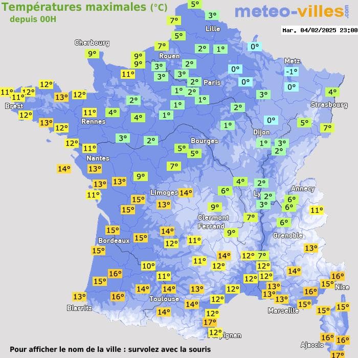 Températures maximales (°C) depuis 00h