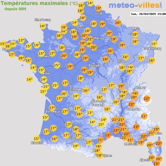 Températures maximales (°C) depuis 00h