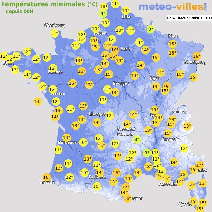 Températures minimales (°C) depuis 00h