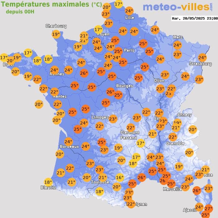 Températures maximales (°C) depuis 00h