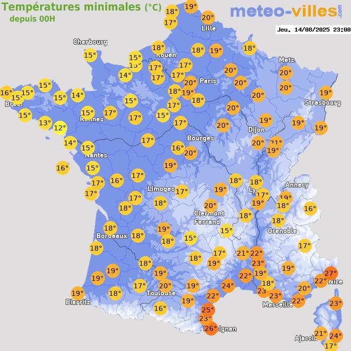Températures minimales (°C) depuis 00h