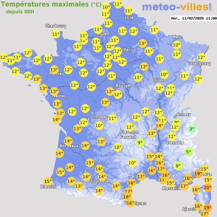 Températures maximales (°C) depuis 00h