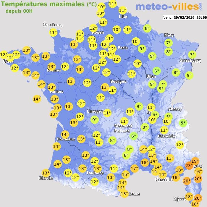 Températures maximales (°C) depuis 00h