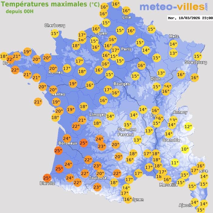 Températures maximales (°C) depuis 00h
