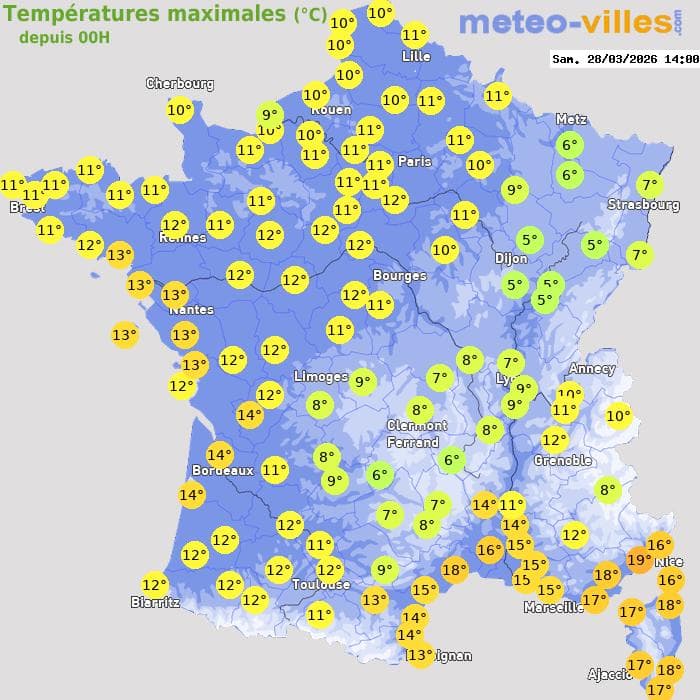 Températures maximales (°C) depuis 00h