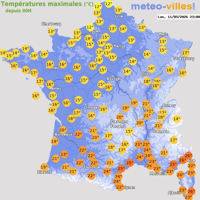 Températures maximales (°C) depuis 00h