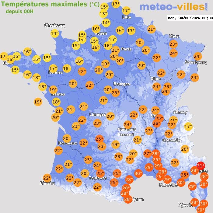 Températures maximales (°C) depuis 00h