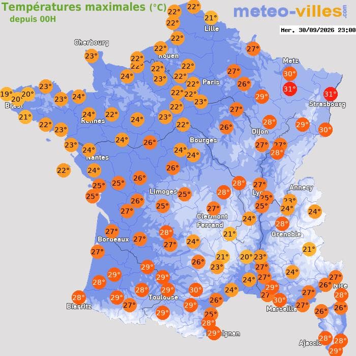 Températures maximales (°C) depuis 00h
