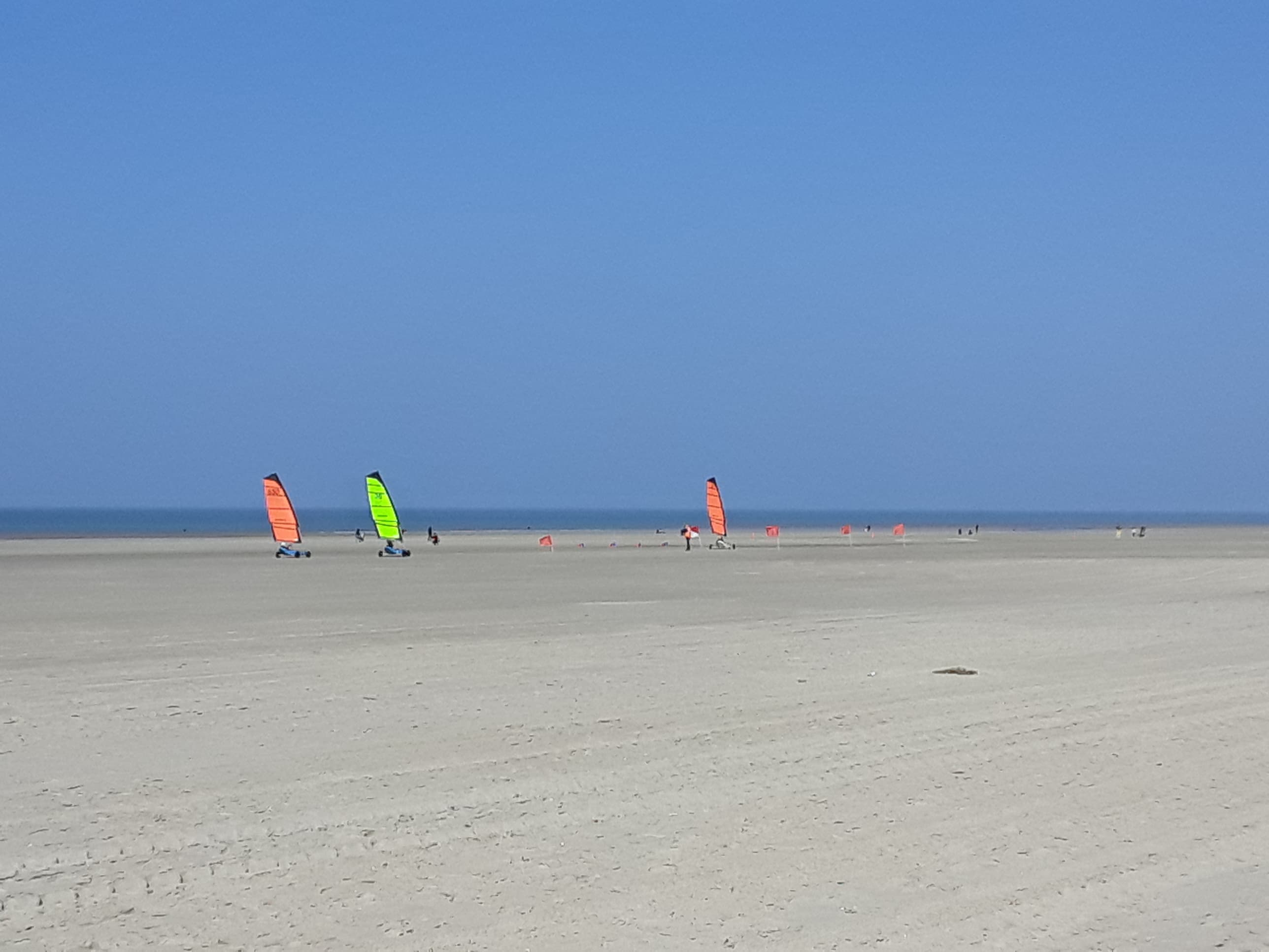 Course de chars à voile sous ciel clair et vent de nord-est à Berck (62)