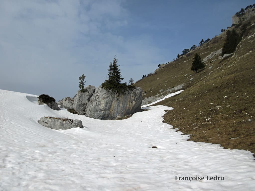 Soleil et nuages, neige et herbe