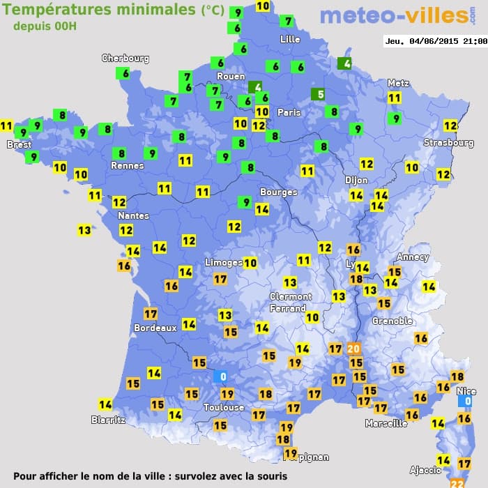 Températures minimales (°C) depuis 00h