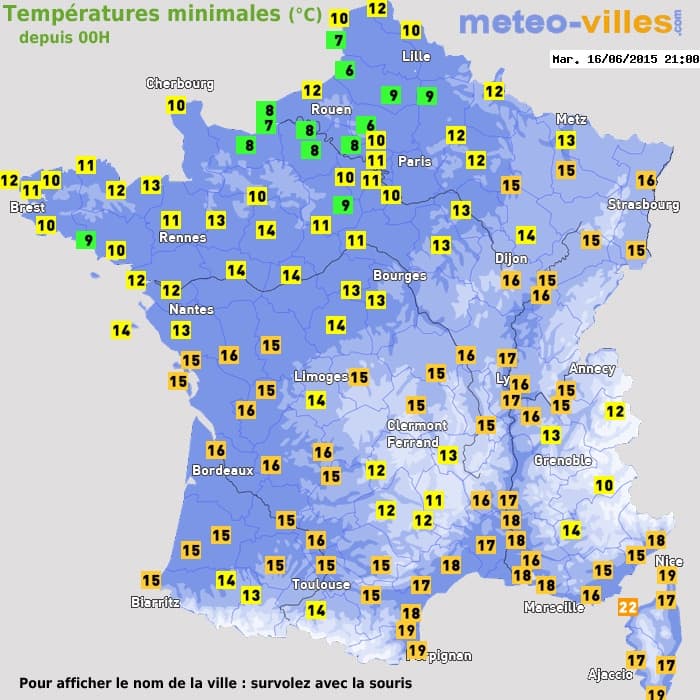 Températures minimales (°C) depuis 00h