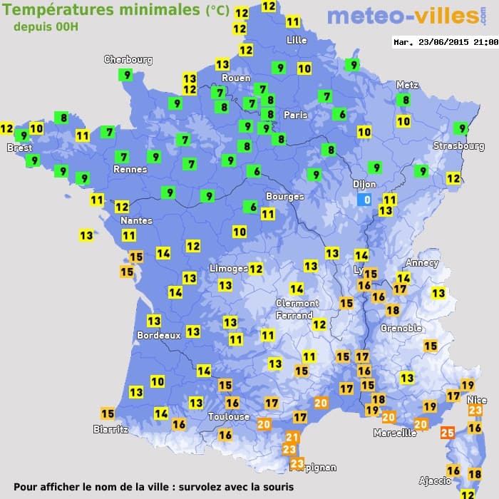 Températures minimales (°C) depuis 00h
