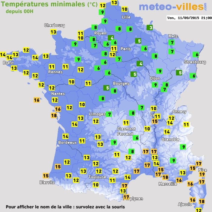 Températures minimales (°C) depuis 00h