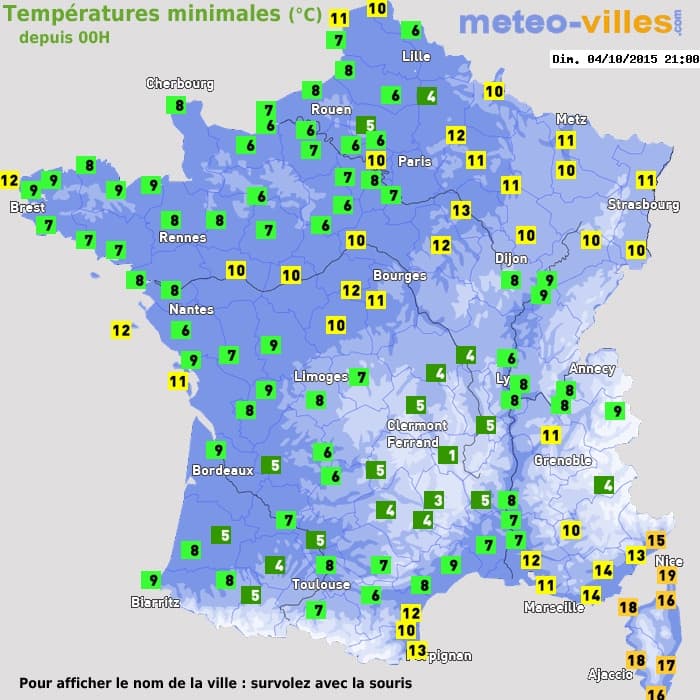 Températures minimales (°C) depuis 00h