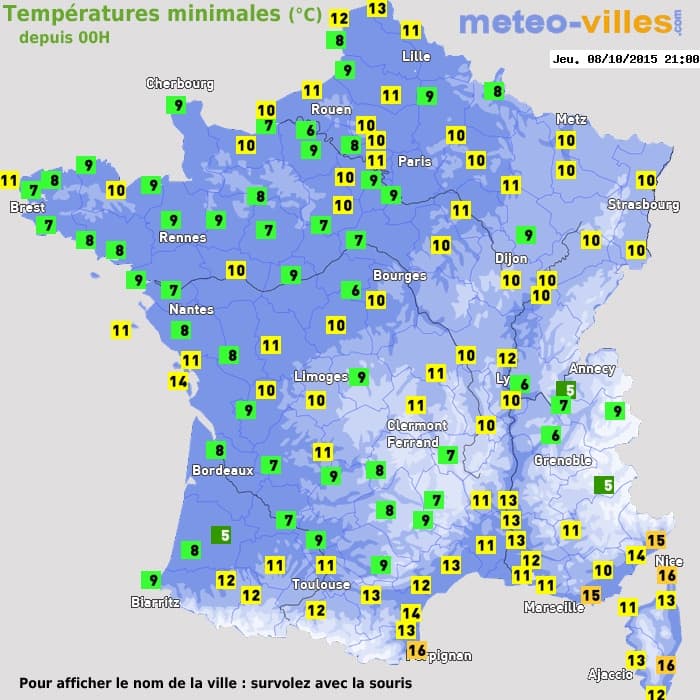 Températures minimales (°C) depuis 00h